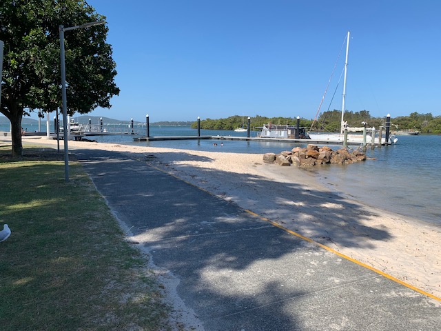 Netted swimming area at Lemon Tree Passage showing sandy beach and pontoon surrounds. Port Stephens. Tilligerry Peninsular