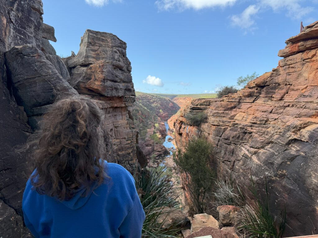 Karen looking down the Murchison River through the gorge at Z bend, Kalbarri National Park