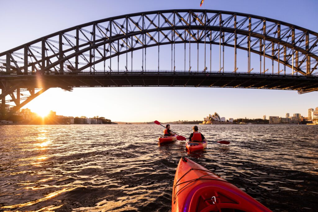 3 friends kayaking under the Sydney Harbour Bridge at sunrise