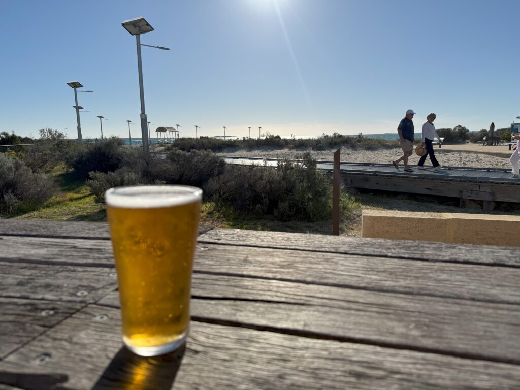 Enjoying a cold beer at the Jurien Bay Beach Cafe 