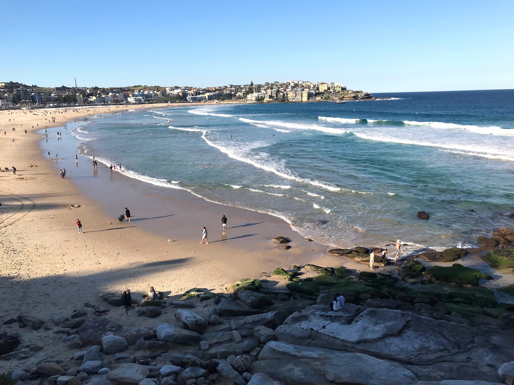 People enjoying the surf at Bondi Beach on a sunny day