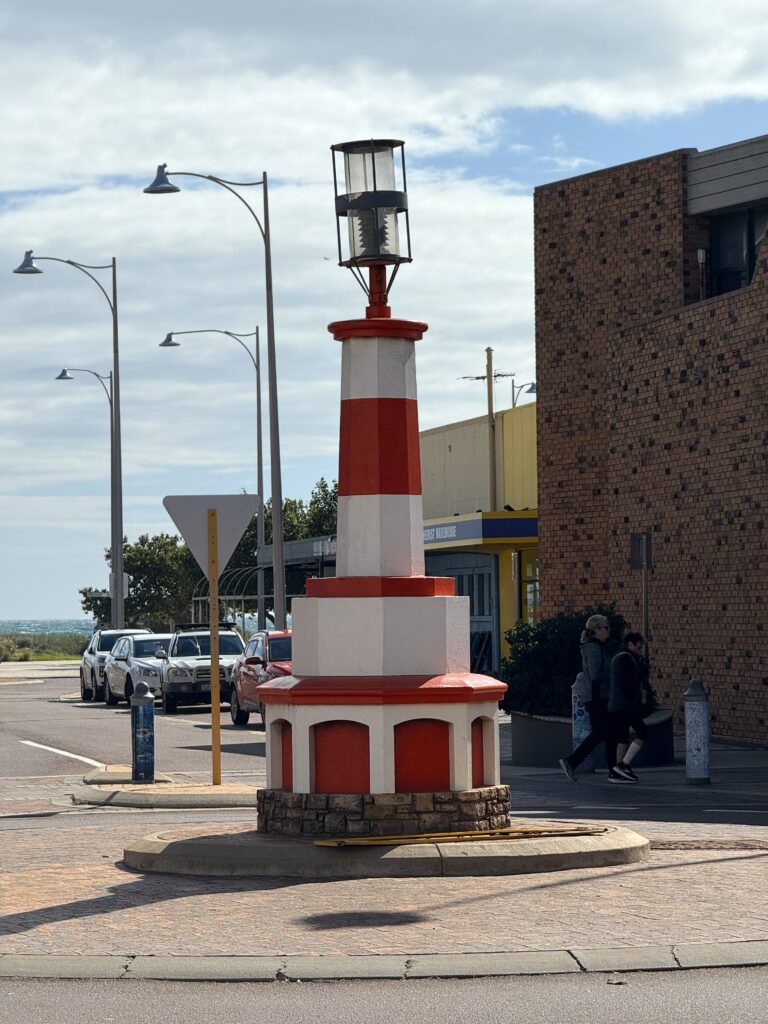 Replica of Point Moore Lighthouse at the centre of a roundabout