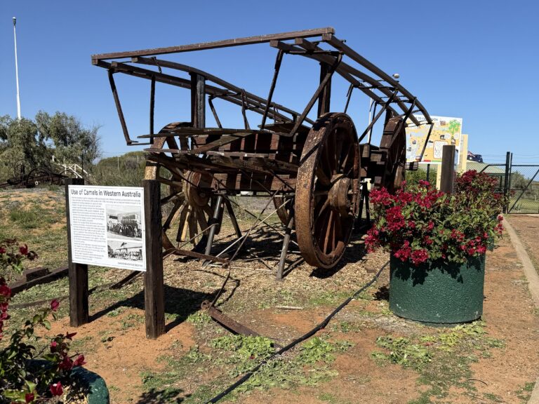 Rusted wool cart originally pulled by camels to the coast at the Carnarvon Heritage Precinct
