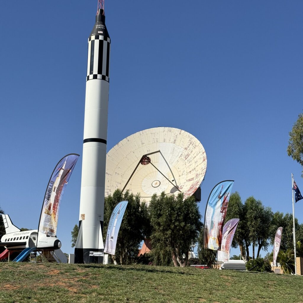 Rockets, spaceships and radio-telescope used for the Apollo II landing on the moon at Carnarvon Space and Technology Museum