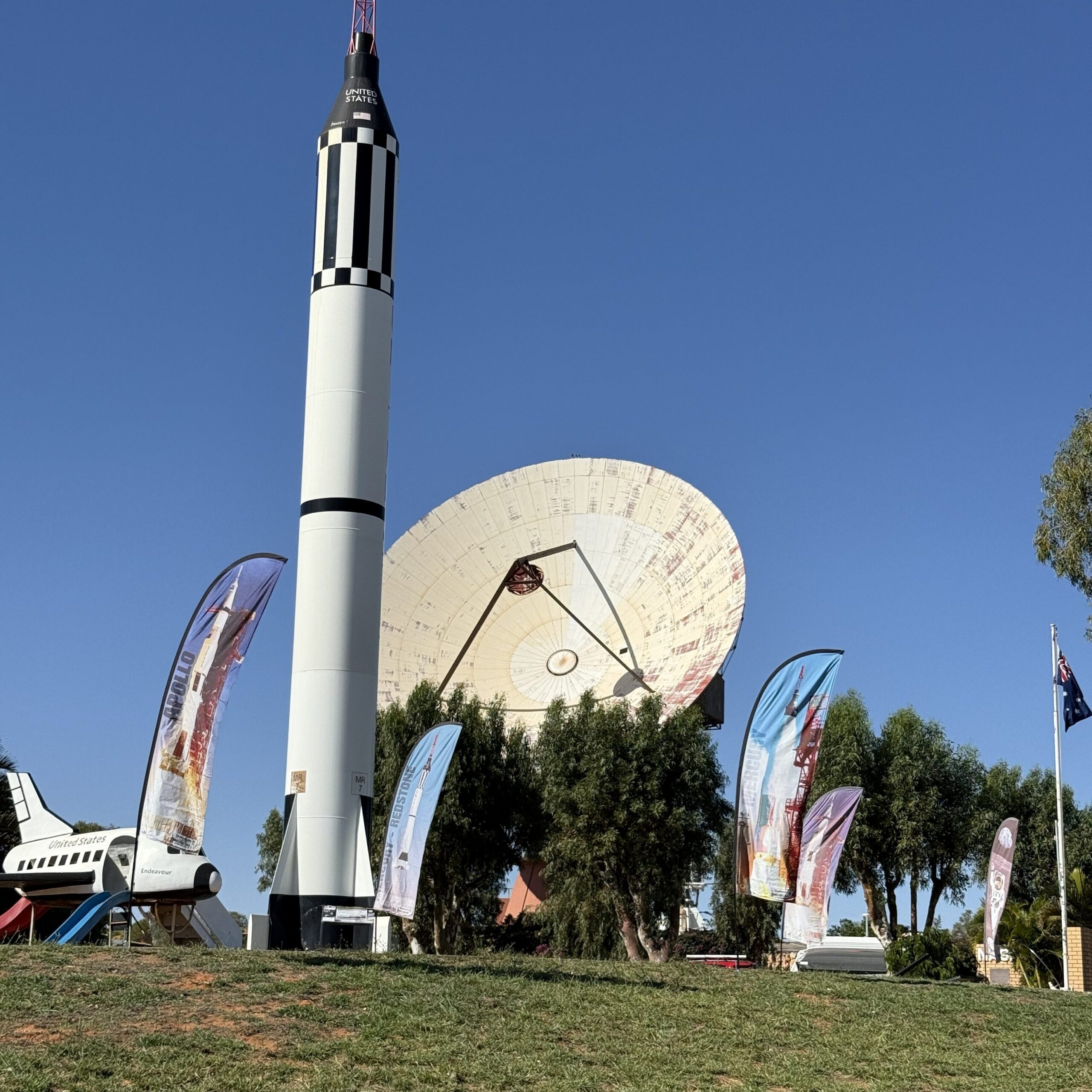 Rockets, spaceships and radio-telescope used for the Apollo II landing on the moon at Carnarvon Space and Technology Museum