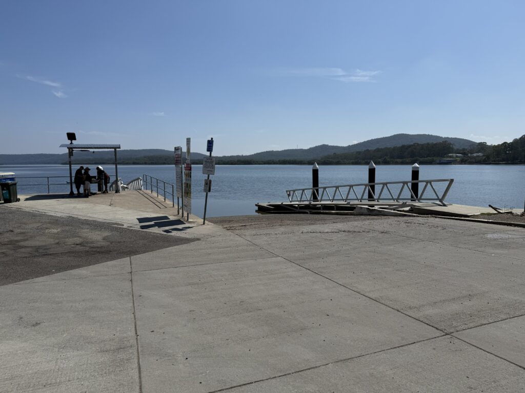 Karuah Boat Ramp with floating pontoon dock and fish feeding table