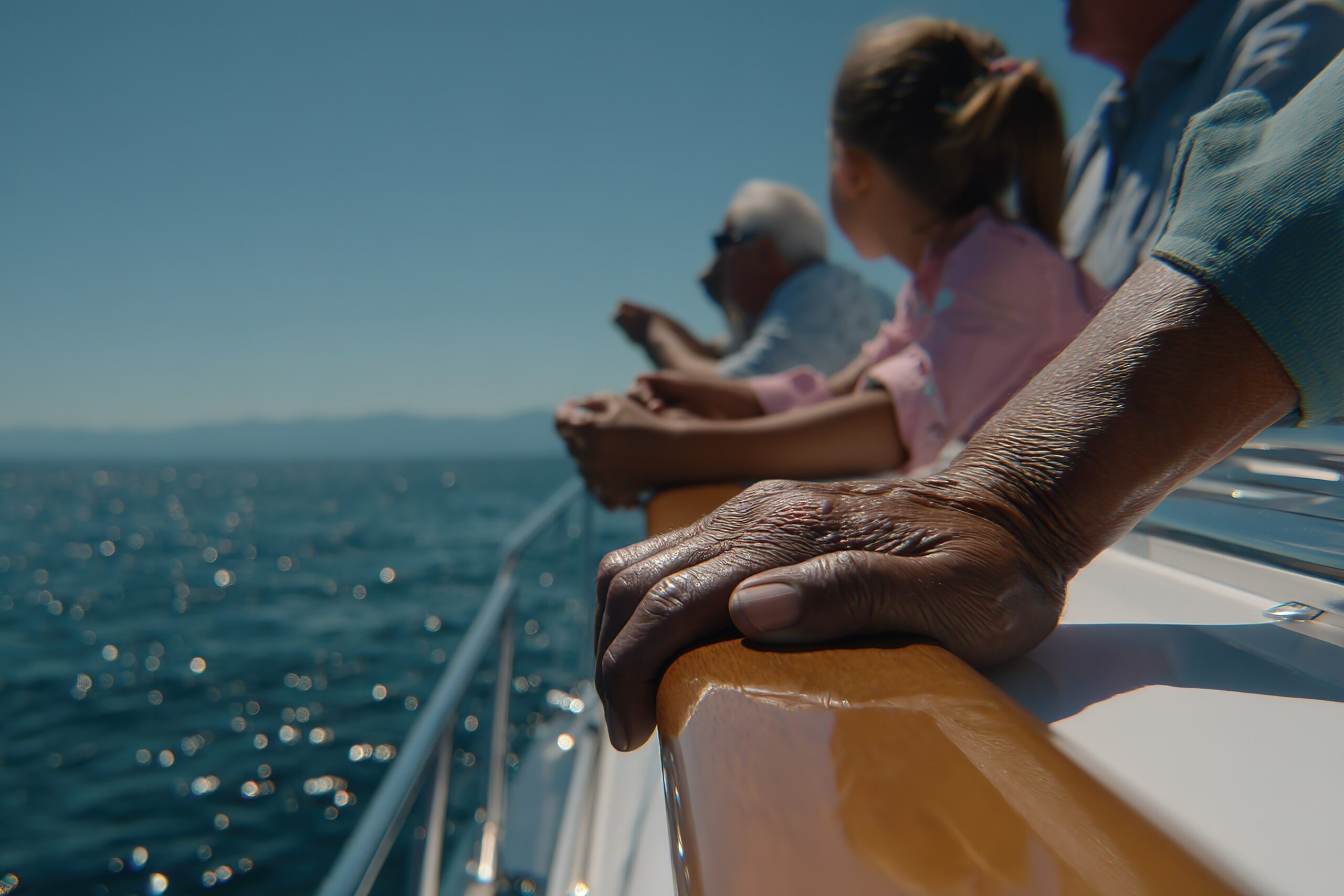 Family enjoying a day on the boat while admiring the beautiful ocean scenery on a sunny afternoon
