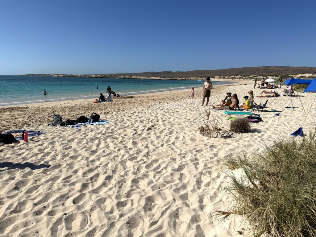 People enjoying the white sandy beach and turquoise water before snorkeling the Drift at Turquoise Bay, Ningaloo