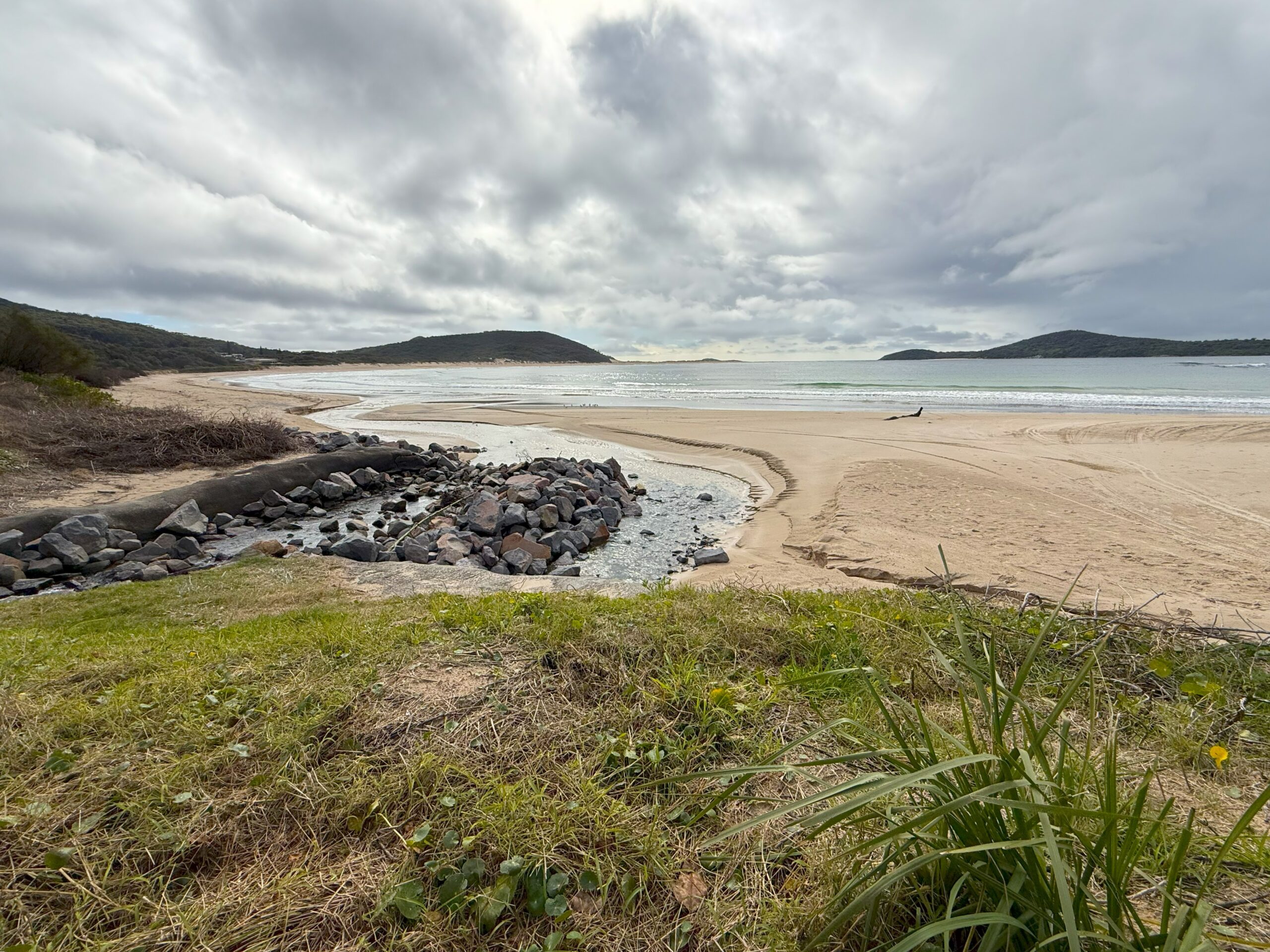 FIngal BEach looking towards Fingal Spit and Fingal Island on a stormy day
