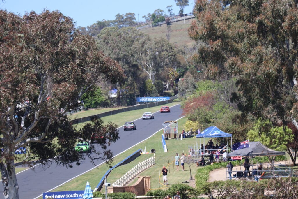 Looking through the eucalyptus trees, cars can be seen climbing the steep black bitumen Mountain Straight to the top of the mountain at Mount Panorama at the Bathurst 1000