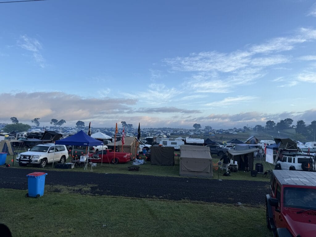 The Paddock - campers for as far as you can see in the PAddock at the bottom of the mountain in the morning