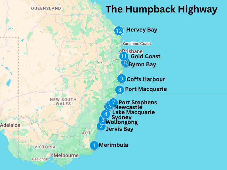 Map of the east coast of Australia showing the 12 destinations on the Humpback Highway including from south to north -Merimbula, Jervis Bay, Wollongong, Sydney, Lake Macquarie, Newcastle, Port Stephens, Port Macquarie, Coffs Harbour, Byron Bay, Gold Coast and Hervey Bay