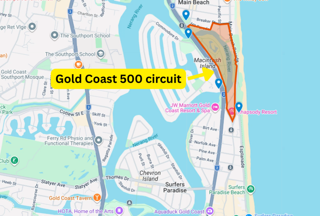 Location map of the Gold Coast 500 street circuit