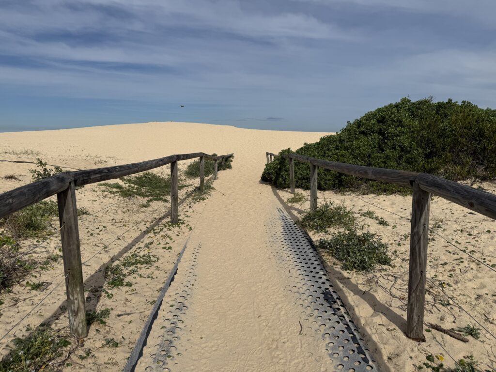Walkway to the dog-friendly section of Redhead Beach from Ken and Audrey Owens Walkway disappears into the sand dune in Lake Macquarie