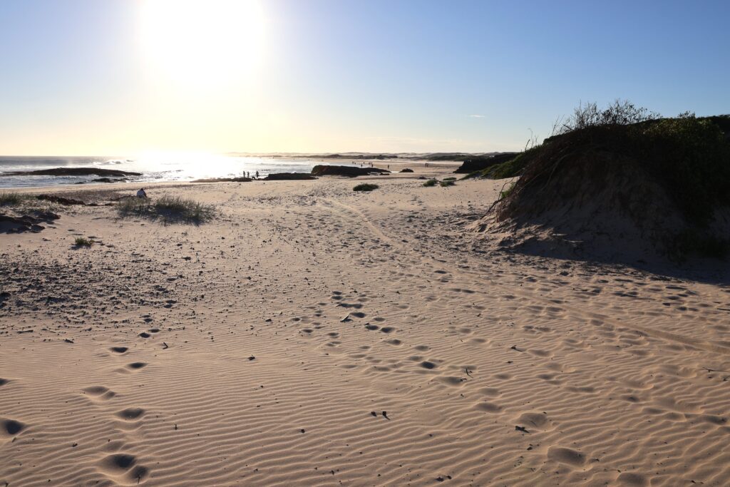 Footprints on Birubi Beach lead the eye to the water and afternoon sun