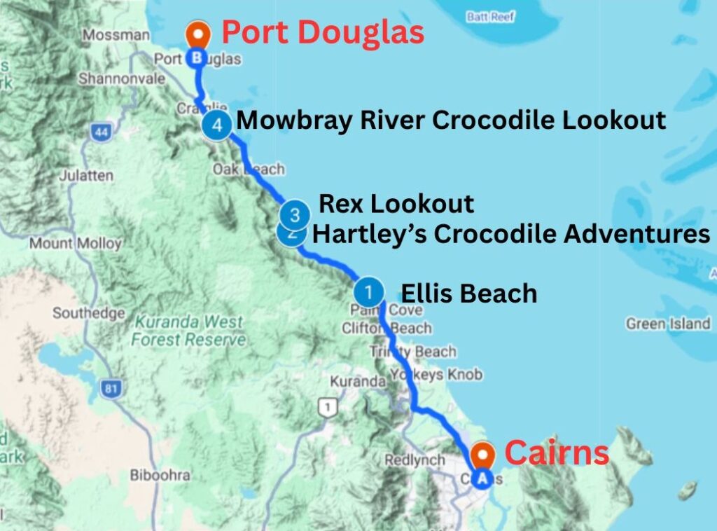 Map of the driving route between Cairns and Port Douglas along the Captain Cook Highway with tourist stops shown