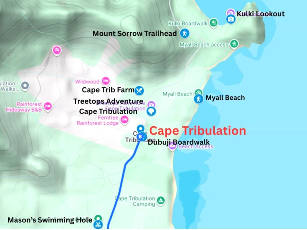 Map of Cape Tribulation and attractions worth visiting including Cape Trib Farm, Treetops Adventures and Mason's Swimming Hole