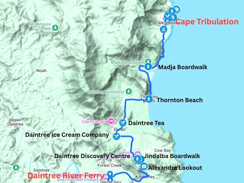 Route map from Daintree River Ferry to Cape Tribulation showing stops along the route