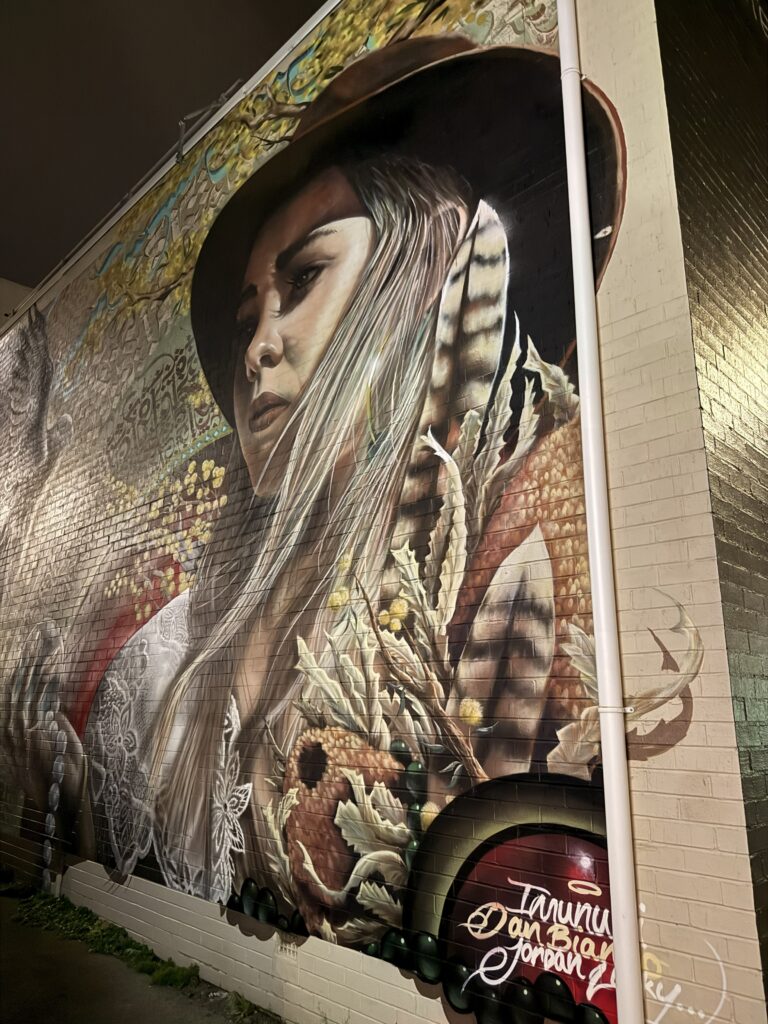 Mural of a lady with blonde hair and broad brim hat and Australian native flowers on a building wall in Newcastle