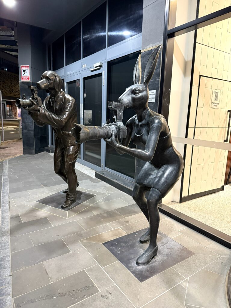 Dog and Rabbit Paparazzi sculptures on the Newcastle art Trail